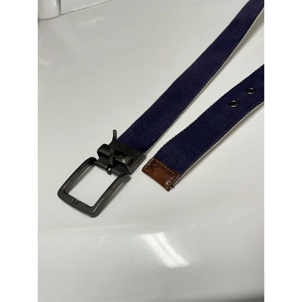 American Eagle Web Canvas Mens Belt Reversible Metal Buckle Blue White Logo
